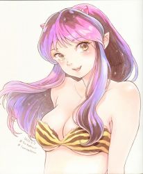 Rule 34 | 1girl, :d, bare shoulders, black hair, breasts, cleavage, dated, derivative work, eyelashes, green eyes, head tilt, horns, large breasts, long hair, looking at viewer, lum, comic panel redraw, multicolored hair, oiraku, oni, open mouth, pink hair, pointy ears, purple hair, sidelocks, simple background, smile, solo, sparkle, strapless, tiger stripes, underboob, upper body, urusei yatsura
