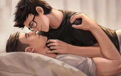 Rule 34 | 2boys, bara, bed, black hair, black shirt, closed mouth, couple, david king (dead by daylight), dead by daylight, dessa nya, dwight fairfield, glasses, highres, looking at another, lying, male focus, multiple boys, muscular, muscular male, on back, on bed, pillow, shirt, short hair, smile, white shirt, yaoi