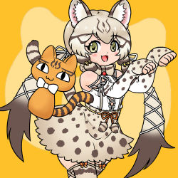 Rule 34 | 1girl, animal costume, animal ear fluff, animal ears, bare shoulders, bow, bowtie, cat ears, cat girl, cat tail, edamamezooooo, extra ears, geoffroy&#039;s cat (kemono friends), green eyes, grey hair, kemono friends, kemono friends v project, kneehighs, long hair, looking at viewer, microphone, multicolored hair, open mouth, ribbon, shirt, simple background, skirt, smile, socks, tail, twintails, virtual youtuber