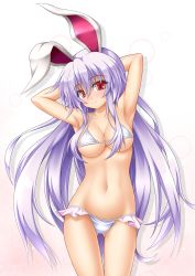 Rule 34 | 1girl, :3, animal ears, armpits, arms behind head, arms up, ass, bikini, blush, breasts, cleavage, closed mouth, collarbone, cowboy shot, gluteal fold, gradient background, groin, head tilt, highres, long hair, looking at viewer, medium breasts, navel, purple hair, rabbit ears, red eyes, reisen udongein inaba, roura, smile, solo, standing, stomach, straight hair, string bikini, swimsuit, thigh gap, thighs, touhou, underboob, very long hair, white bikini