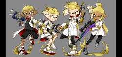 Rule 34 | 1girl, 3boys, black pants, black shirt, black shorts, blonde hair, boots, clash blaster (splatoon), coat, commentary request, cross-laced footwear, dark-skinned female, dark-skinned male, dark skin, earrings, emperor (splatoon), fangs, grey footwear, half-closed eyes, holding, holding weapon, ink tank (splatoon), inkling, inkling boy, inkling girl, inkling player character, jacket, jewelry, leg up, leggings, long sleeves, looking at another, looking at viewer, multiple boys, n-pacer (splatoon), nintendo, open clothes, open coat, open mouth, paint splatter, pants, pillarboxed, pointy ears, prince (splatoon), scope, shirt, shoes, short hair, shorts, simple background, smile, smirk, sneakers, splat charger (splatoon), splat dualies (splatoon), splatoon (manga), splatoon (series), squidkid jr., standing, standing on one leg, uniform, v-shaped eyebrows, weapon, white coat, white footwear, yellow jacket, yeneny