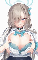 Rule 34 | 1girl, asuna (blue archive), bag, blue archive, blue bra, blue eyes, blue ribbon, blush, bra, breasts, breasts squeezed together, brown hair, cleavage, commentary, hair over one eye, hair ribbon, halo, highres, huge breasts, lace, lace-trimmed bra, lace trim, long hair, mole, mole on breast, nikuya (nikuniku nikuya), ribbon, school bag, school uniform, scrunchie, shirt, smile, solo, sweatdrop, symbol-only commentary, underwear, upper body, very long hair, white shirt, wrist scrunchie