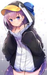 Rule 34 | 1girl, absurdres, animal costume, animal hood, blue eyes, blue ribbon, choker, closed mouth, commentary request, cowboy shot, fate/grand order, fate (series), gradient background, highres, hiromaster sinta jh, hood, long hair, long sleeves, looking at viewer, meltryllis (fate), meltryllis (swimsuit lancer) (first ascension) (fate), penguin costume, purple hair, ribbon, signature, sketch, smile, solo, sparkle background, standing, v-shaped eyebrows, very long hair, white background