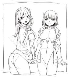 Rule 34 | 2girls, archvermin, ayanami rei, ayanami rei (cosplay), breasts, character request, cosplay, gridman universe, interface headset, long hair, looking at viewer, multiple girls, neon genesis evangelion, open mouth, plugsuit, short hair, simple background, smile, souryuu asuka langley, souryuu asuka langley (cosplay), ssss.gridman, white background