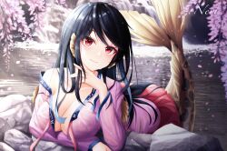 Rule 34 | 1girl, black hair, boku no kanojo wa ningyohime!?, breasts, cherry blossoms, cleavage, collarbone, fins, hand in own hair, head fins, highres, kimhu94, koma ion, lake, large breasts, long hair, looking at viewer, lying, mermaid, monster girl, on stomach, open clothes, partially unbuttoned, pink skirt, red eyes, skirt, smile, tagme, talesshop