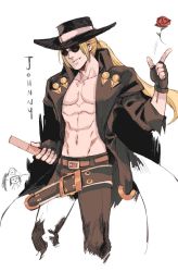 Rule 34 | 1boy, 1girl, abs, arc system works, belt, black pants, blonde hair, fingerless gloves, flower, gloves, guilty gear, hat, highres, johnny (guilty gear), long hair, male focus, may (guilty gear), muscular, muscular male, pants, ponytail, rose, sunglasses, tirtyturtle