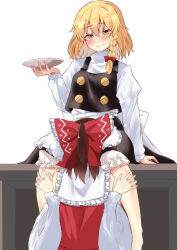 2girls apron black_skirt black_vest blonde_hair bloomers blush bow braid brown_hair closed_mouth commentary_request cup detached_sleeves frilled_bow frills hair_bow hakurei_reimu head_between_thighs highres holding holding_cup kirisame_marisa long_hair long_sleeves mukkushi multiple_girls no_headwear red_bow sakazuki side_braid single_braid sitting skirt smile touhou underwear vest waist_apron white_bloomers yellow_eyes yuri