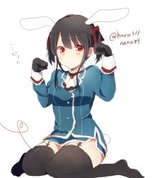 Rule 34 | 10s, alternate hairstyle, animal ears, ascot, black gloves, black hair, black thighhighs, blush, clenched hands, gloves, hair ribbon, harusawa, kantai collection, kemonomimi mode, long sleeves, looking at viewer, military, military uniform, no shoes, rabbit ears, rabbit pose, rabbit tail, red eyes, red ribbon, ribbon, short hair, short twintails, simple background, smile, solo, tail, takao (kancolle), thighhighs, twintails, twitter username, uniform, white background