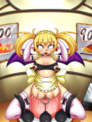 Rule 34 | ahegao, aq interactive, arcana heart, atlus, bdsm, blonde hair, blue eyes, bondage, bound, censored, examu, fucked silly, giant dildo, large insertion, lilica felchenerow, mokkosss, nippleless clothes, object insertion, piercing, pointy ears, rolling eyes, saliva, snot, stomach bulge, sweat, tears, weights, wings