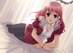 Rule 34 | 1girl, :d, bed, black thighhighs, blue eyes, blush, bracelet, breasts, cleavage, crossed arms, curtains, dutch angle, female focus, full body, gustav (telomere na), indoors, jewelry, long hair, looking at viewer, lying, on side, open clothes, open mouth, open shirt, original, pink hair, pleated skirt, school uniform, shirt, skirt, smile, solo, thighhighs, zettai ryouiki