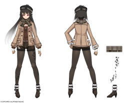 Rule 34 | 1girl, absurdres, ankle boots, belt boots, black hair, black headwear, black pantyhose, black shorts, boots, brown footwear, brown gloves, brown jacket, brown sweater, character sheet, cleavage cutout, clothing cutout, copyright notice, floral print, fringe trim, fur-trimmed boots, fur trim, gloves, grey scarf, hat, high heel boots, high heels, highres, iris yuma, jacket, kyjsogom, long hair, long sleeves, looking at viewer, meme attire, multiple views, official art, open-chest sweater, open clothes, open jacket, pantyhose, pantyhose under shorts, plaid, plaid scarf, print legwear, red eyes, ribbed sweater, rose print, scarf, short shorts, shorts, simple background, soulworker, standing, sweater, turnaround, very long hair, watermark, white background, x-ray