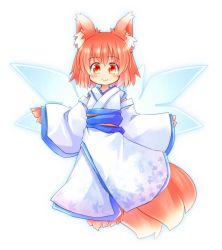 Rule 34 | 1girl, animal ears, animal hands, fox ears, fox tail, full body, japanese clothes, kimono, kso, leaf print, looking at viewer, orange eyes, original, red hair, short hair, simple background, smile, solo, tail, white background, wings