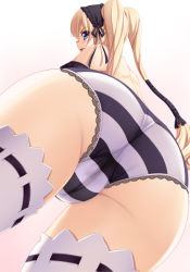 Rule 34 | 1girl, ass, blonde hair, blue eyes, blush, cameltoe, cleft of venus, ekaterina kurae, fujirin, gothic lolita, lolita fashion, long hair, looking back, open mouth, panties, pussy, see-through, seikon no qwaser, solo, striped clothes, striped panties, thighhighs, third-party edit, twintails, uncensored, underwear, white thighhighs