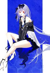 Rule 34 | 1girl, bare shoulders, black bow, black jacket, blue background, boots, bow, dress, fu hua, fu hua (herrscher of sentience), fu hua (turn up the music!) (herrscher of sentience), grey hair, hair between eyes, hair bow, hair ornament, high heel boots, high heels, highres, honkai (series), honkai impact 3rd, jacket, long hair, looking at viewer, multicolored hair, official alternate costume, open clothes, open jacket, open mouth, red eyes, sho 2nini, single off shoulder, solo, streaked hair, thighs, white dress, white footwear, white hair, yellow pupils