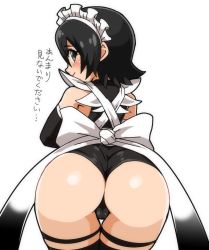 Rule 34 | 1girl, ass, ass focus, bad id, bad twitter id, black eyes, black hair, black leotard, black thighhighs, blush, closed mouth, huge ass, iroha (samurai spirits), japanese clothes, leotard, looking at viewer, looking back, maid, maid headdress, samurai spirits, simple background, solo, thighhighs, white background, wide hips, yuuya (blue scarab)