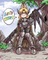 Rule 34 | 10s, 1girl, animal ears, armor, armored boots, between legs, blonde hair, boots, breastplate, cape, cloud, covered navel, day, english text, fishnet armwear, fishnets, full body, gauntlets, hair between eyes, hand between legs, kemono friends, long sword, looking at viewer, medium hair, monster hunter (series), outdoors, pauldrons, rock, serval (kemono friends), shoulder armor, signature, sitting, smile, solo, speech bubble, sword, takoongyi, tree, v arms, weapon, weapon on back, yellow eyes