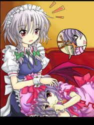 Rule 34 | &gt; &lt;, 2girls, bat wings, blood, blue hair, blush, braid, breasts, closed eyes, female focus, hat, highres, izayoi sakuya, knife, lap pillow, lying, maid, multiple girls, north abyssor, on side, red eyes, remilia scarlet, ribbon, silver hair, sitting, ^^^, embodiment of scarlet devil, throwing knife, touhou, twin braids, weapon, wings, wrist cuffs