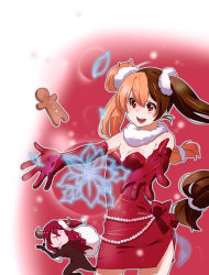 Rule 34 | 1boy, 1girl, breasts, brown hair, cleavage, demon boy, dress, elbow gloves, flower, gloves, layla (sound horizon), long hair, medium breasts, multicolored hair, open mouth, orange hair, red dress, red eyes, red hair, red skirt, santa costume, seisen no iberia, shaytan, shaytan (sound horizon), short dress, shuri (84k), skirt, smile, sound horizon, very long hair