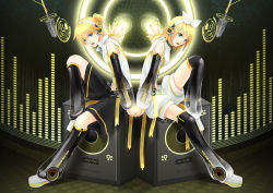 Rule 34 | 1boy, 1girl, brother and sister, hazuki (azana), headphones, highres, kagamine len, kagamine rin, microphone, siblings, sitting, speaker, twins, vocaloid, vocaloid append