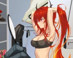 Rule 34 | 1girl, adjusting hair, arknights, armpits, arms up, bandeau, breasts, cleavage, commentary, from side, hair intakes, horns, indoors, large breasts, long hair, midriff, mirror, navel, ponytail, purple eyes, red hair, smile, spacelongcat, stomach, surtr (arknights), upper body, very long hair