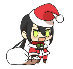 Rule 34 | 1boy, :d, alternate costume, black hair, blush, brown footwear, chibi, christmas, fate/grand order, fate (series), fur-trimmed jacket, fur trim, gift bag, hat, highres, holding, holding sack, jacket, kkeiixxx, long hair, long sleeves, male focus, meme, no pupils, open mouth, padoru (meme), pants, red hat, red jacket, red pants, sack, santa costume, santa hat, simple background, smile, solo, white background, yan qing (fate), yellow eyes
