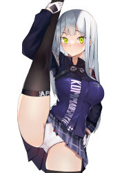 Rule 34 | 1girl, absurdres, blunt bangs, blush, bow, bow panties, breasts, echo (ehchoy), facial mark, flexible, girls&#039; frontline, gloves, green eyes, highres, hk416 (girls&#039; frontline), jacket, large breasts, leg lift, leg up, long hair, long sleeves, looking at viewer, panties, silver hair, simple background, skirt, solo, split, standing, standing on one leg, standing split, straight hair, thighhighs, thighs, underwear, white background, white panties