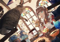Rule 34 | 2girls, :3, ahoge, animal, animal ears, apple, apple rabbit, apron, aqua eyes, arch, bad id, bad pixiv id, bag, banana, banana slice, black cat, bow, bowl, braid, cafe, calico, can, cat, ceiling light, champagne coupe, cherry, climbing, coffee maker, crumbs, cup, dessert, drinking glass, dutch angle, fake animal ears, fang, food, food art, food on face, fruit, hair bow, half updo, highres, holding, holding bowl, holding tray, hurricane glass, indoors, japanese clothes, kimono, kiwi (fruit), kiwi slice, lamp, long hair, long sleeves, looking at another, looking to the side, looking up, maid apron, maid headdress, mirin mosa, mouth hold, multiple girls, nail polish, open mouth, original, paper bag, pet bowl, pet food, pink nails, pudding, reaching, reaching towards viewer, red apple, red bow, red kimono, sandwich, slit pupils, stained glass, stairs, striped clothes, striped kimono, table, tasuki, tray, twin braids, twintails, waist apron, waitress, walking, whipped cream, white apron, white cat, window, yellow eyes