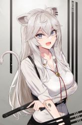 Rule 34 | 1girl, absurdres, ahoge, animal ears, black nails, bolo tie, breasts, cleavage, collarbone, commentary, copyright name, earrings, grey background, grey eyes, grey hair, gun, handgun, highres, holding, holding gun, holding weapon, hololive, jewelry, large breasts, lion ears, lion tail, long hair, looking at viewer, nail polish, oksuri, open mouth, pistol, shishiro botan, shishiro botan (button-down), signature, sleeve, solo, suppressor, tail, tattoo, trigger discipline, v-shaped eyebrows, very long hair, virtual youtuber, weapon
