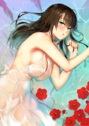Rule 34 | 1girl, absurdres, aqua eyes, bare shoulders, blush, breasts, brown hair, cleavage, dress, flower, hareno chiame, hareno chiame (amayadori), highres, large breasts, long hair, looking at viewer, lying, moe colle, mole, mole under eye, on side, original, parted lips, scan, see-through, smile, solo, water, wet, wet clothes, white dress