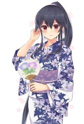 Rule 34 | 10s, 1girl, alternate costume, black hair, collarbone, commentary request, eyebrows, floral print, hair between eyes, hand fan, ichinomiya (blantte), japanese clothes, jewelry, kantai collection, kimono, long hair, looking at viewer, obi, paper fan, ponytail, red eyes, ring, sash, simple background, smile, solo, uchiwa, wedding band, white background, yahagi (kancolle), yukata