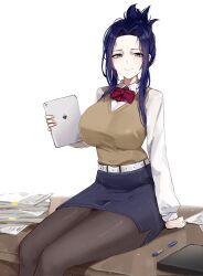 Rule 34 | 1girl, against wall, belt, binder, black pantyhose, blue hair, blush, bow, bowtie, closed mouth, collared shirt, commentary, desk, green eyes, highres, holding, holding tablet pc, light smile, long sleeves, looking at viewer, looking down, mizuhara archuleta, on desk, open clothes, pants, pantyhose, paper, paper stack, parted bangs, pen, pencil skirt, red bow, red bowtie, shirt, simple background, sitting, skirt, smile, sstthei, tablet pc, tatakau ataisuru, vest, white background, white belt, white shirt, yellow vest