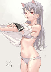 Rule 34 | 1girl, animal ears, artist name, bare shoulders, bra, cat ears, chinese commentary, commentary request, cowboy shot, feiqizi (fkey), female focus, fkey, grey background, highres, long hair, looking at viewer, navel, open mouth, original, panties, red eyes, school uniform, serafuku, signature, silver hair, solo, standing, stomach, sweat, thighs, underwear, undressing, white bra, white panties