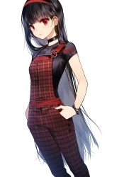Rule 34 | 1girl, artist name, black hair, black shirt, blush, closed mouth, hairband, hands in pockets, long hair, looking at viewer, original, overalls, plaid, red eyes, serious, shirt, short sleeves, signature, simple background, solo, sukja, very long hair, white background