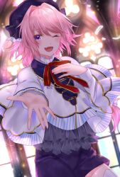 Rule 34 | 1boy, :d, astolfo (angel breath) (fate), astolfo (fate), azaka (rionrita), backlighting, beckoning, beret, blue hat, blue shorts, blush, bow, bowtie, cloak, commentary request, fang, fate/grand order, fate (series), fingernails, frilled shirt collar, frills, grey shirt, hair between eyes, hair intakes, hands on own chest, hat, highres, indoors, long braid, long hair, male focus, official alternate costume, one eye closed, open mouth, pink hair, purple eyes, reaching, reaching towards viewer, red bow, red bowtie, shirt, shorts, skin fang, smile, solo, thighhighs, trap, white cloak, white thighhighs