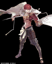 Rule 34 | 1boy, abs, absurdres, cape, emiya shirou, fate/grand order, fate (series), floral print, full body, highres, hiro (user negm3832), holding, holding cape, holding clothes, holding weapon, igote, japanese clothes, katana, leg armor, looking at viewer, male focus, nagatekkou, one eye closed, original, red hair, sandals, senji muramasa (fate), short hair, single bare shoulder, smile, solo, sword, toned, toned male, topless male, two-sided cape, two-sided fabric, weapon, white cape, wristband, yellow eyes