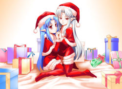 Rule 34 | 00s, blue hair, christmas, gift, hat, len (tsukihime), melty blood, pointy ears, red eyes, santa costume, santa hat, silver hair, thighhighs, tsukihime, type-moon, white len (tsukihime)