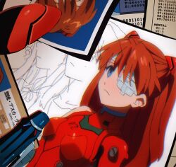 Rule 34 | 4zw89qkqagggcf7, bandage over one eye, blue eyes, bodysuit, breasts, closed mouth, the end of evangelion, expressionless, highres, id card, interface headset, long hair, neon genesis evangelion, orange hair, pen, photo (object), pilot suit, plugsuit, red bodysuit, shadow, small breasts, souryuu asuka langley, translation request