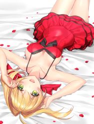 Rule 34 | 10s, 1girl, :d, bare shoulders, blonde hair, bow, breasts, cleavage, covered navel, dress, fate/extra, fate (series), frilled dress, frills, green eyes, hair bow, hair intakes, kagachi saku, large breasts, long hair, looking at viewer, lying, nero claudius (fate), nero claudius (fate) (all), nero claudius (fate/extra), official alternate costume, on back, open mouth, petals, red dress, smile, solo