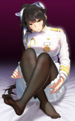 Rule 34 | 1girl, aiguillette, animal ears, azur lane, bed, bed sheet, black hair, black pantyhose, blunt bangs, blush, bow, breasts, closed mouth, commentary request, covering privates, covering ass, dog ears, feet, fingernails, gradient hair, gt-apex, hair ears, hair flaps, high collar, high ponytail, highres, indoors, large breasts, long hair, long sleeves, looking at viewer, military, military uniform, miniskirt, multicolored hair, nail polish, no shoes, on bed, pantyhose, pink nails, pleated skirt, ponytail, sidelocks, sitting, skirt, soles, solo, takao (azur lane), toes, uniform, white bow, white skirt, yellow eyes