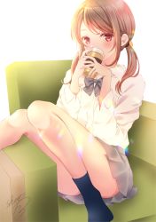 Rule 34 | 1girl, armchair, backlighting, black socks, blush, brown hair, chair, coffee cup, collared shirt, commentary request, covered mouth, cup, disposable cup, dress shirt, fingernails, grey skirt, hands up, highres, holding, holding cup, long hair, long sleeves, looking at viewer, no shoes, on chair, original, pleated skirt, red eyes, school uniform, sheepd, shirt, signature, simple background, sitting, skirt, socks, solo, twintails, white background, white shirt