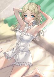 Rule 34 | bare shoulders, bed, blonde hair, blue eyes, fire emblem, hair down, hairband, unworn hairband, highres, lissa (fire emblem), long hair, looking at viewer, nightgown, nintendo, snow20200, solo, thighs