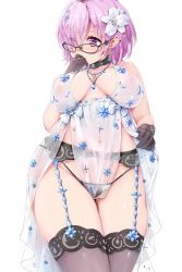 Rule 34 | 1girl, absurdres, artoria pendragon (lancer alter) (fate), artoria pendragon (lancer alter) (royal icing) (fate), bare shoulders, black-framed eyewear, black gloves, breasts, commentary request, curvy, earrings, eyes visible through hair, fate/grand order, fate (series), flower, glasses, gloves, hair flower, hair ornament, hair over one eye, highres, hip focus, jewelry, kntrs (knyrs), large breasts, looking to the side, mash kyrielight, navel, nipples, official alternate costume, puffy nipples, purple hair, see-through, short hair, simple background, solo, thighs, white background