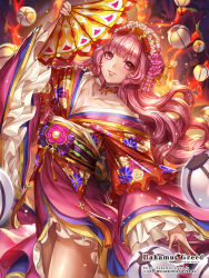 Rule 34 | 1girl, arm up, bahamut greed, blunt bangs, box (hotpppink), breasts, choker, cleavage, collarbone, commentary request, copyright name, cowboy shot, floral print, flower, frilled kimono, frilled sleeves, frills, hair flower, hair ornament, hand fan, highres, holding, holding fan, japanese clothes, kanzashi, kimono, layered clothes, layered kimono, layered sleeves, long hair, long sleeves, looking at viewer, medium breasts, obi, official art, parted lips, pink eyes, pink flower, pink hair, pink kimono, purple ribbon, ribbon, sash, short over long sleeves, short sleeves, smile, solo, striped ribbon, tassel, wavy hair, white flower, wide sleeves