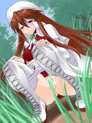 Rule 34 | 1girl, aty, aty (summon night), blue eyes, boots, brown hair, hat, long hair, shinama, solo, squatting, summon night, summon night 3, thigh boots, thighhighs, uncensored, white footwear