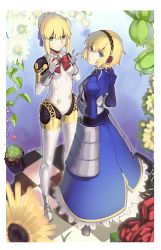 Rule 34 | 2girls, absurdres, aegis (persona), aegis (persona) (cosplay), ahoge, android, armor, armored dress, artoria pendragon (all), artoria pendragon (fate), blonde hair, blue dress, blue eyes, blue ribbon, boa (brianoa), bow, braid, closed mouth, cosplay, costume switch, crossover, dress, fate/stay night, fate (series), flower, french braid, green eyes, hair between eyes, hair ribbon, headband, headphones, highres, joints, looking at viewer, multiple girls, persona, persona 3, red bow, red neckwear, ribbon, robot, robot joints, saber (fate), saber (fate) (cosplay), short hair, twitter username