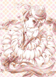 Rule 34 | 1girl, blush, bow, child, dress, elbow gloves, eyelashes, flower, frills, gloves, hat, jewelry, lace, looking at viewer, monochrome, necklace, original, polka dot, polka dot background, ribbon, solo, tongue, traditional media