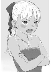 Rule 34 | 1girl, angry, bare shoulders, criss-cross halter, crossed arms, female focus, greyscale, hair ribbon, halterneck, highres, monochrome, nail polish, open mouth, original, ponytail, pout, ribbon, satsuyo, solo