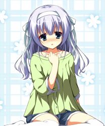 Rule 34 | 1girl, amairo islenauts, arm at side, asagi nanami, blue eyes, blue hair, blue shorts, blush, casual, clenched hand, collarbone, commentary, eyebrows hidden by hair, eyelashes, feet out of frame, frilled ribbon, frilled shirt, frills, frown, furrowed brow, green shirt, hair between eyes, hair ribbon, hand up, highres, light blue background, light blue hair, long hair, long sleeves, looking at viewer, no shoes, nose blush, open mouth, ribbon, shiraga airi, shirt, shorts, shy, sidelocks, simple background, sitting, solo, thighhighs, wariza, wavy hair, white ribbon, white thighhighs