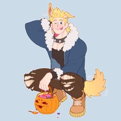 Rule 34 | 1boy, :p, ;p, absurdres, alternate costume, animal ears, bara, blonde hair, blue eyes, boku no hero academia, collar, feraltintinsimp, full body, halloween, halloween costume, highres, jack-o&#039;-lantern, jacket, male focus, muscular, one eye closed, open clothes, open jacket, pants, pectorals, shirt, shoes, short hair, solo, spiked collar, spikes, tail, togata mirio, tongue, tongue out, torn clothes, torn pants, torn shirt, werewolf, wolf boy, wolf ears, wolf tail