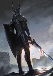Rule 34 | 1other, armor, black knight (dark souls), blood, bloody weapon, dark souls (series), facing away, fake horns, from behind, full armor, gauntlets, helmet, highres, holding, holding shield, holding sword, holding weapon, horned helmet, horns, knight, miso katsu, outdoors, ruins, shield, standing, sword, weapon